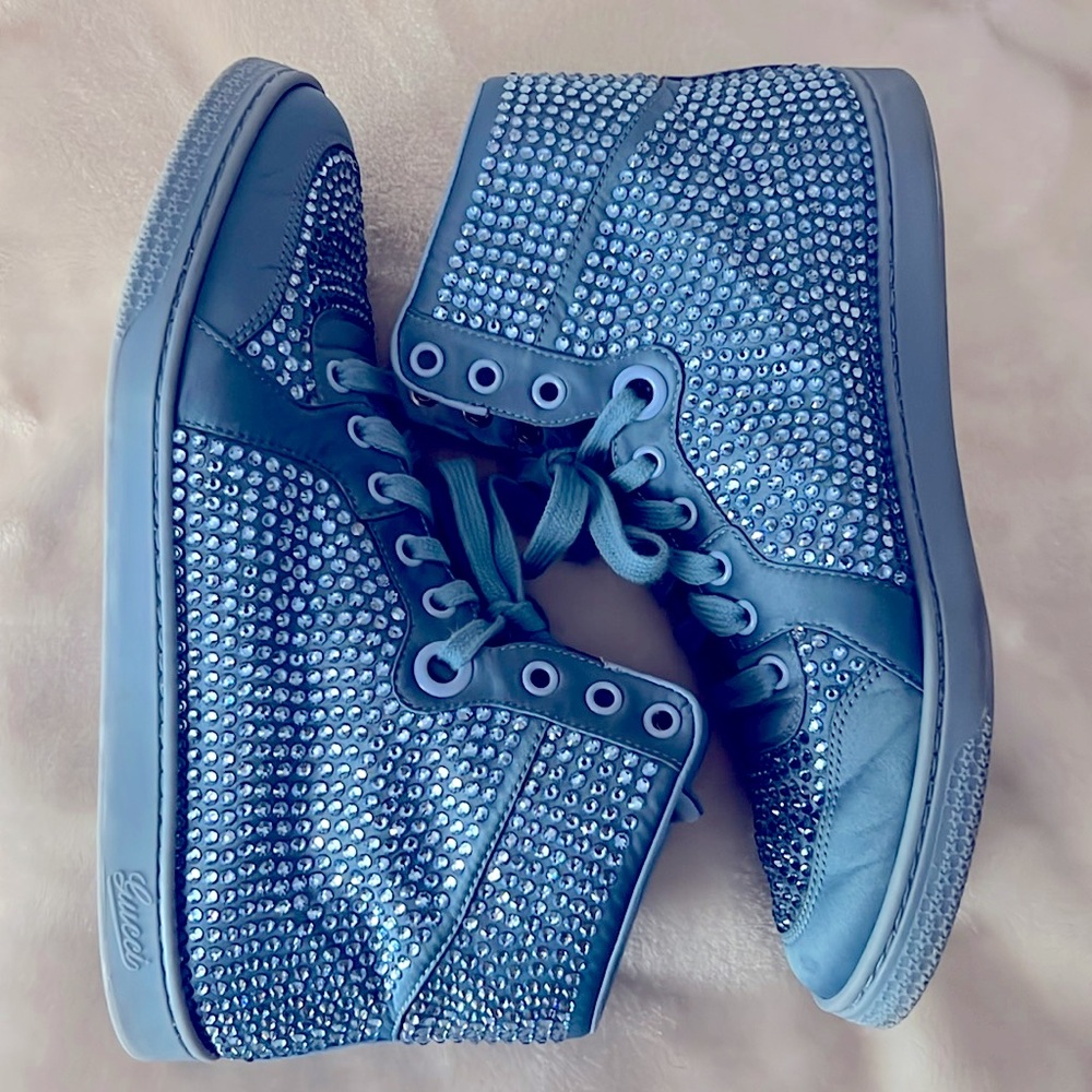 GUCCI 👟 RARE CODA BLUE SATIN LEATHER RHINESTONE CRYSTAL HIGH-TOP SNEAKERS 8.5 - Picture 3 of 15